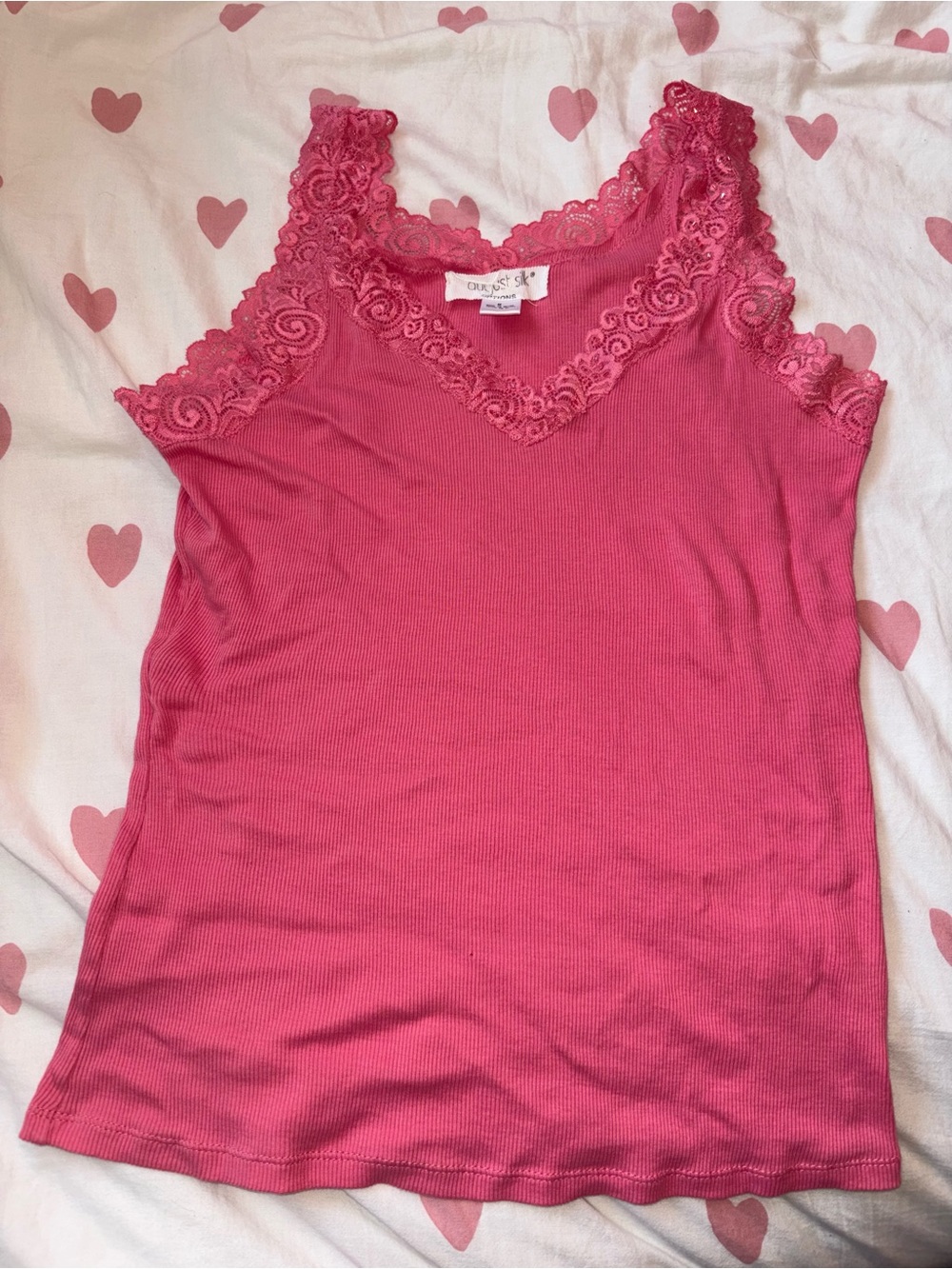 august silk Y2K Hot Pink Lace-Trim Ribbed Tank With Beading